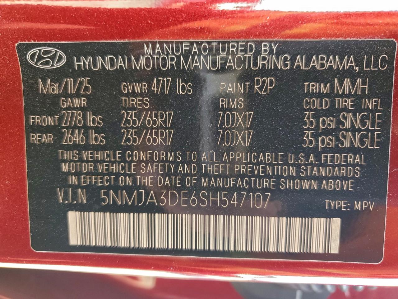 2025 Hyundai Tucson Se VIN: 5NMJA3DE6SH547107 Lot: 94546395