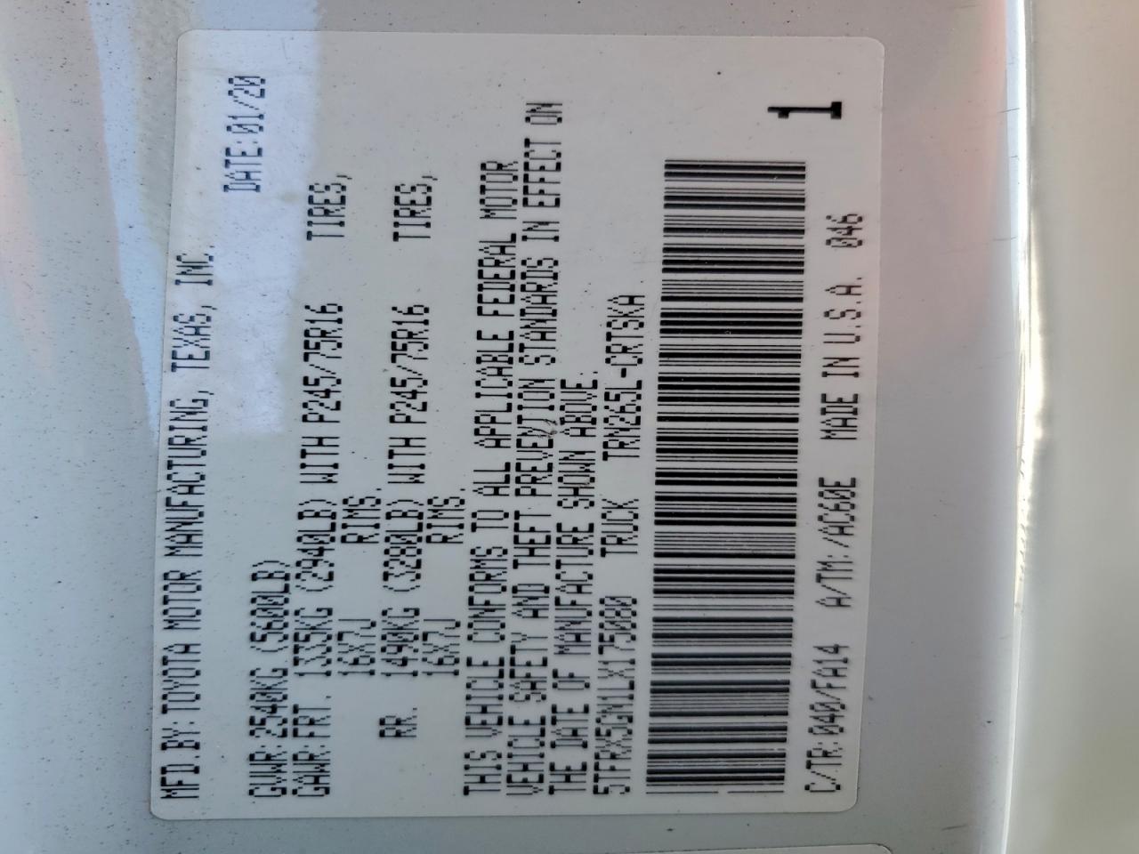 2020 Toyota Tacoma Access Cab VIN: 5TFRX5GN1LX175080 Lot: 94045035