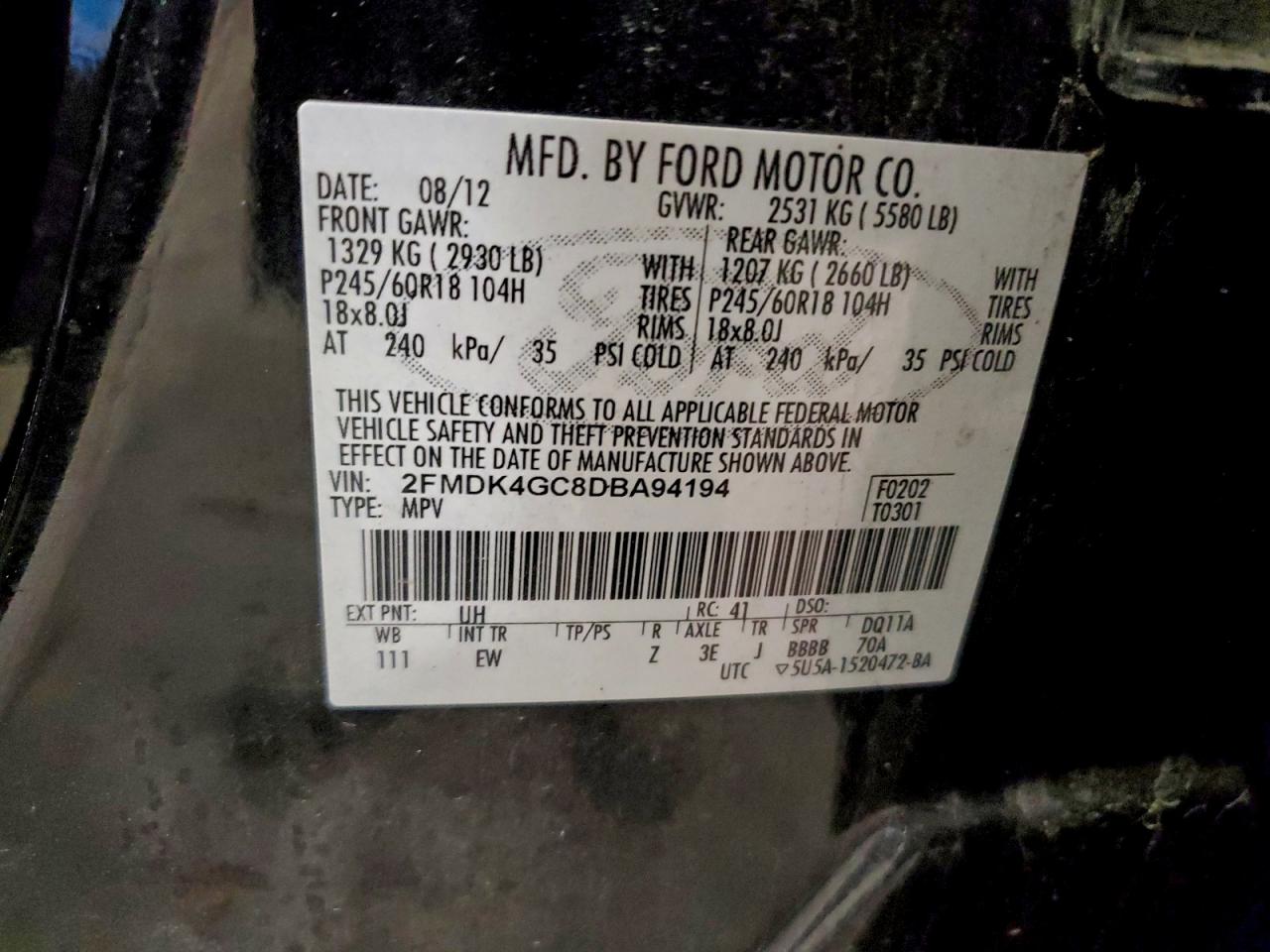 2013 Ford Edge Se VIN: 2FMDK4GC8DBA94194 Lot: 94591855