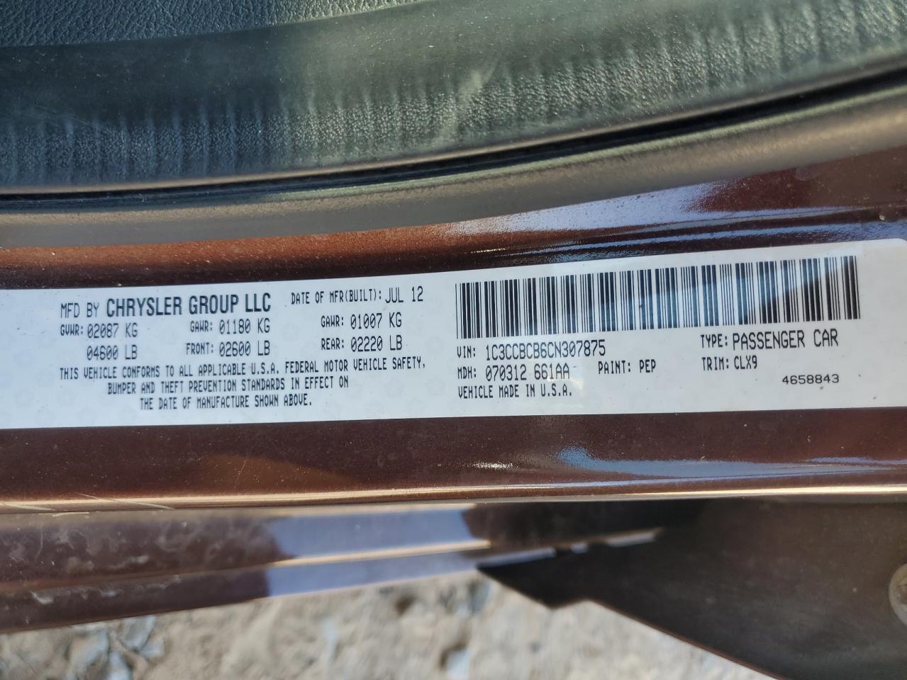 2012 Chrysler 200 Limited VIN: 1C3CCBCB6CN307875 Lot: 91092005