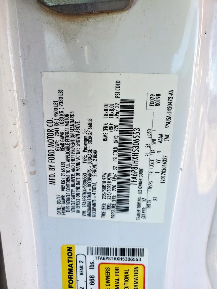 2017 Ford Mustang VIN: 1FA6P8THXH5306553 Lot: 91834915