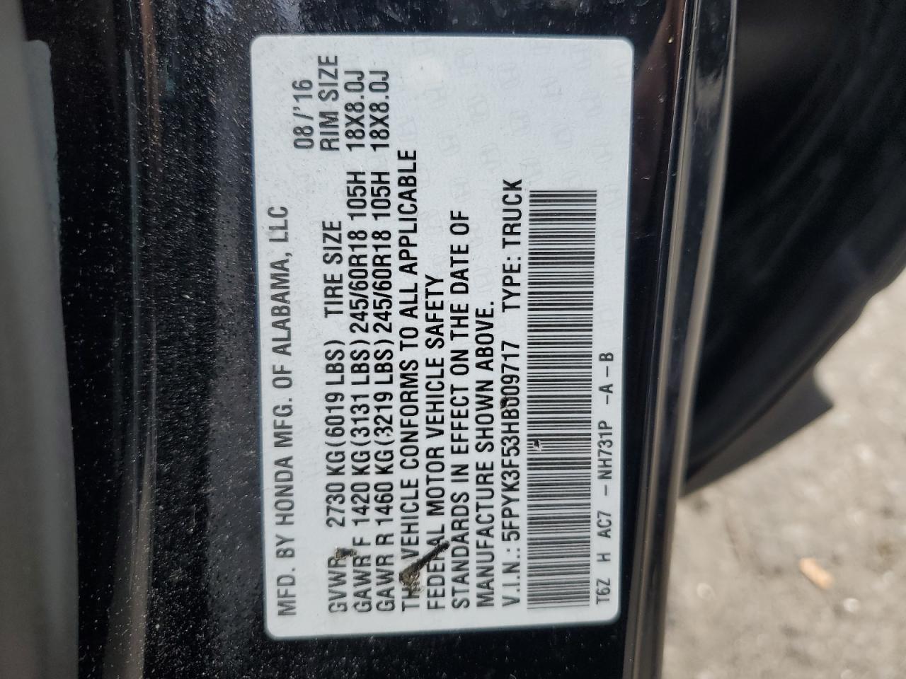 2017 Honda Ridgeline Rtl VIN: 5FPYK3F53HB009717 Lot: 91223425