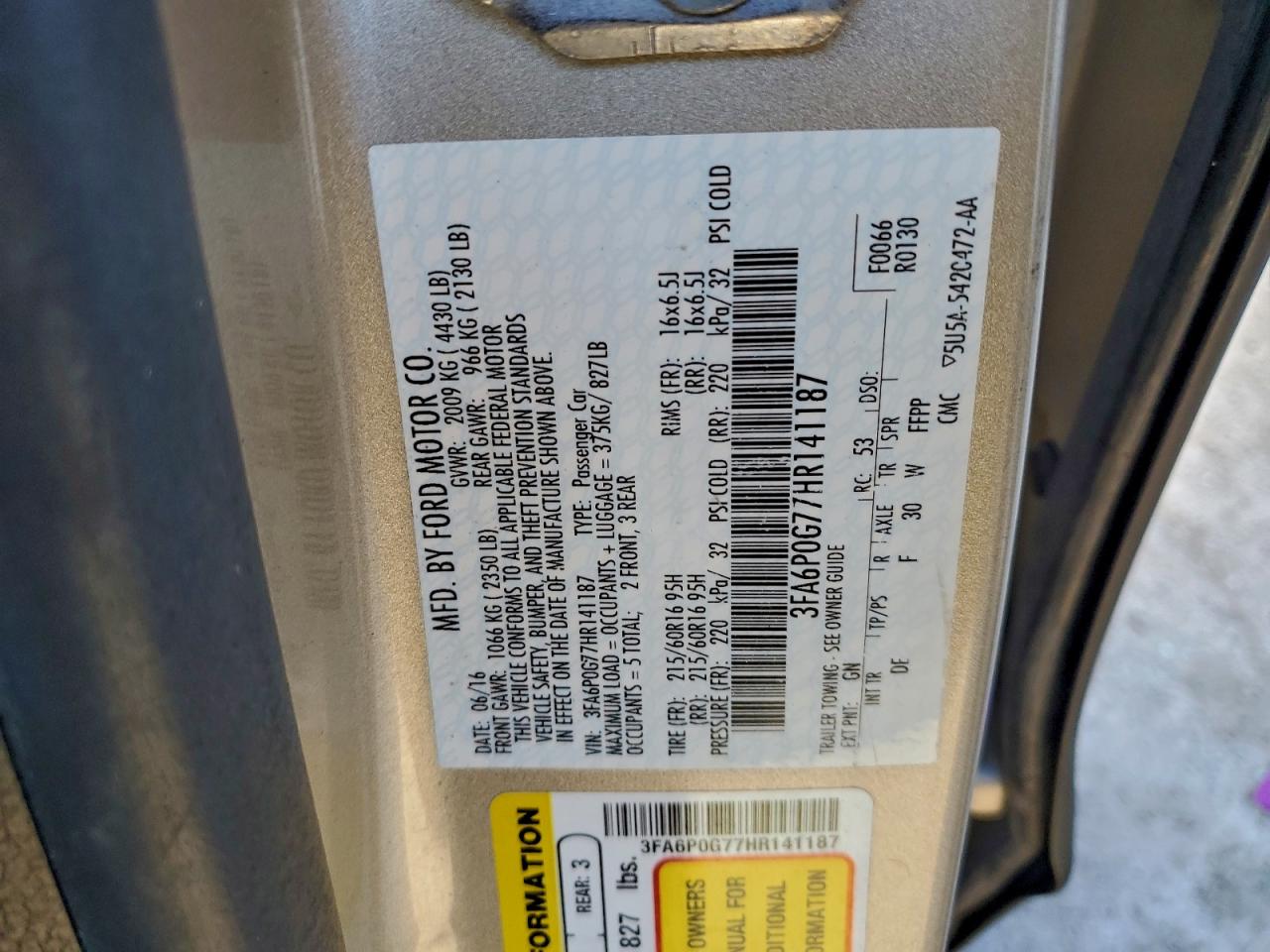 2017 Ford Fusion S VIN: 3FA6P0G77HR141187 Lot: 94655415