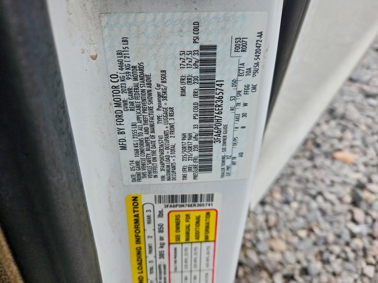 2014 Ford Fusion Se VIN: 3FA6P0H76ER365741 Lot: 94019975