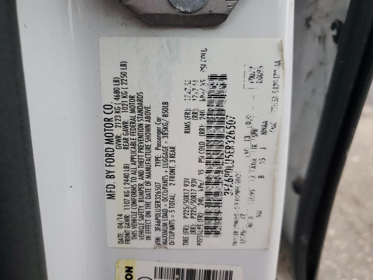 2014 Ford Fusion Se Hybrid VIN: 3FA6P0LU5ER326507 Lot: 92260735