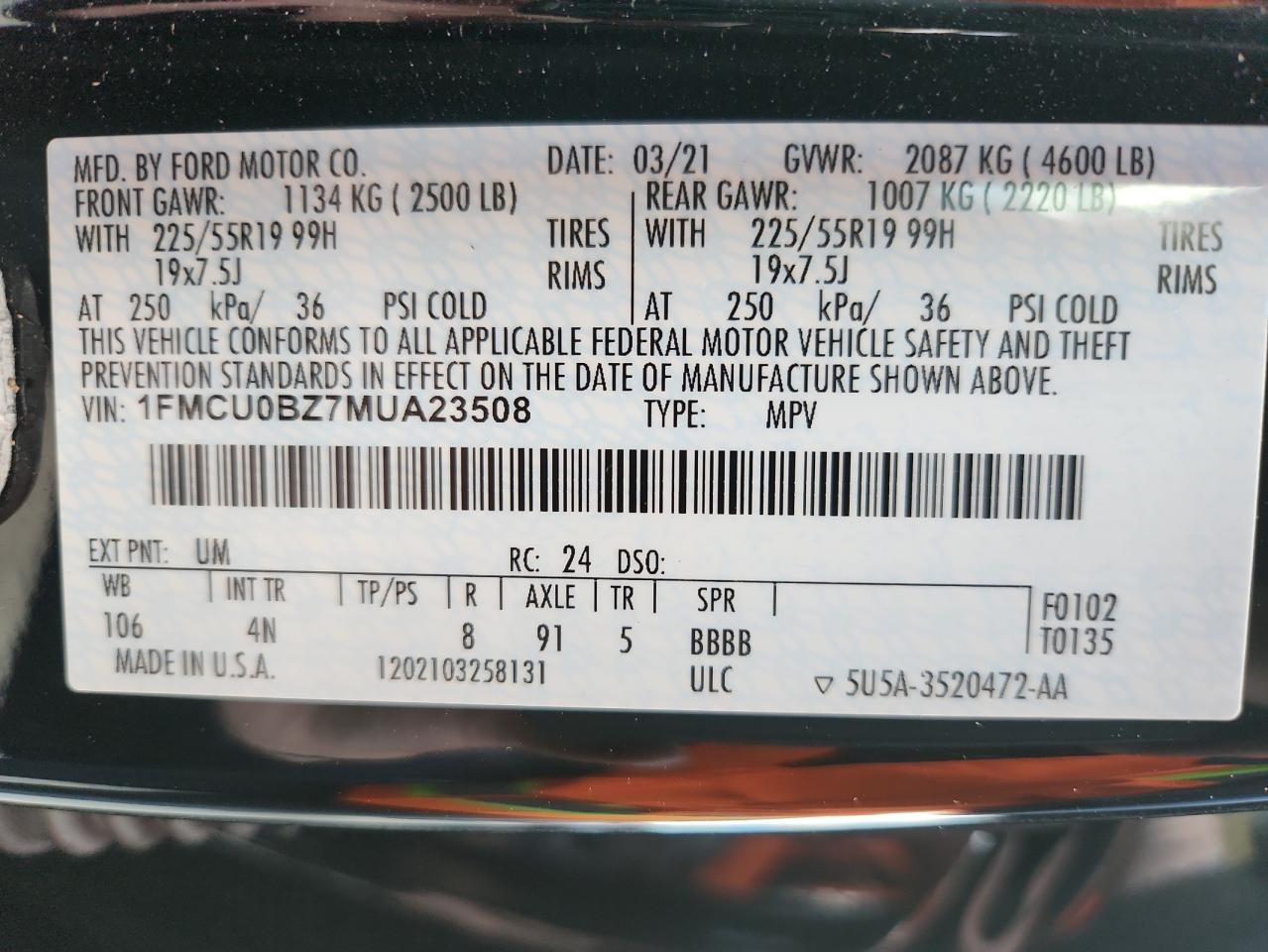 2021 Ford Escape Se VIN: 1FMCU0BZ7MUA23508 Lot: 92536035