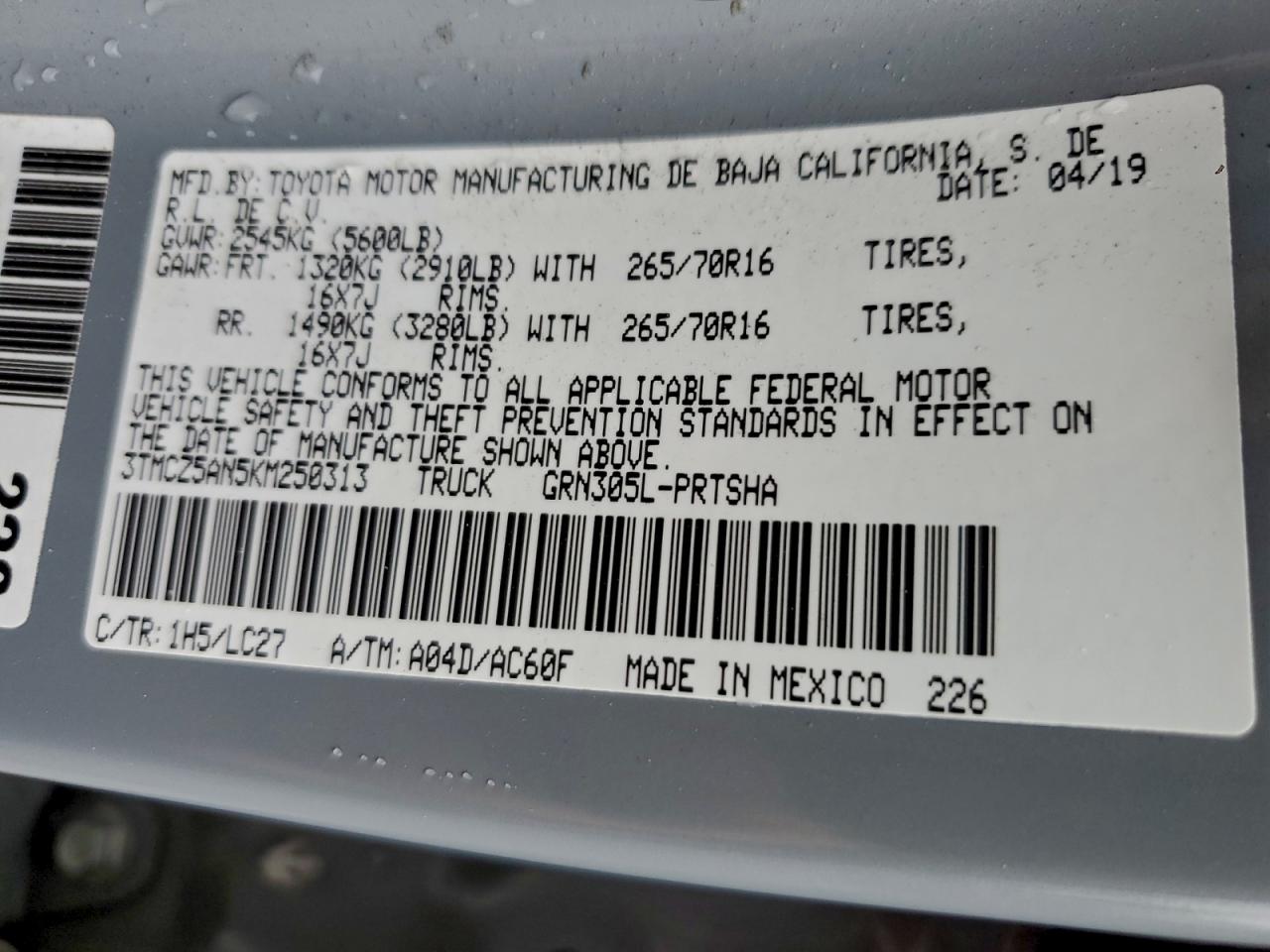 2019 Toyota Tacoma Double Cab VIN: 3TMCZ5AN5KM250313 Lot: 94169075