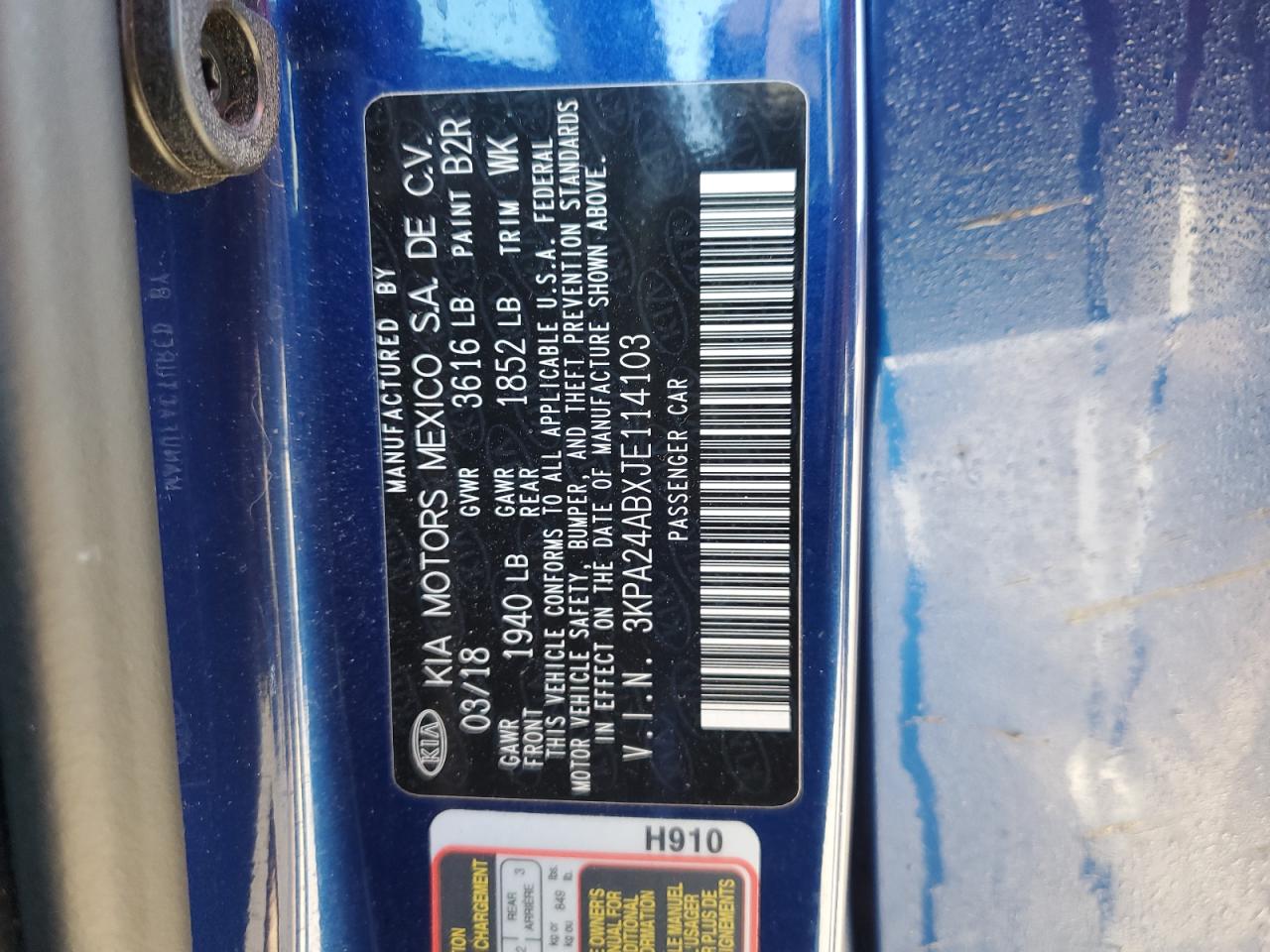 2018 Kia Rio Lx VIN: 3KPA24ABXJE114103 Lot: 92863875