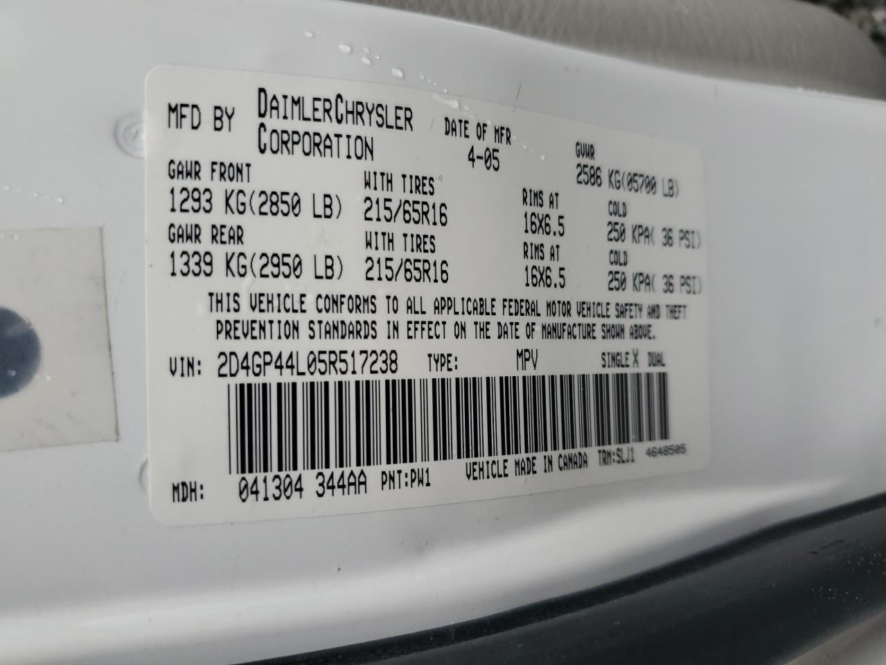 2005 Dodge Grand Caravan Sxt VIN: 2D4GP44L05R517238 Lot: 91477325