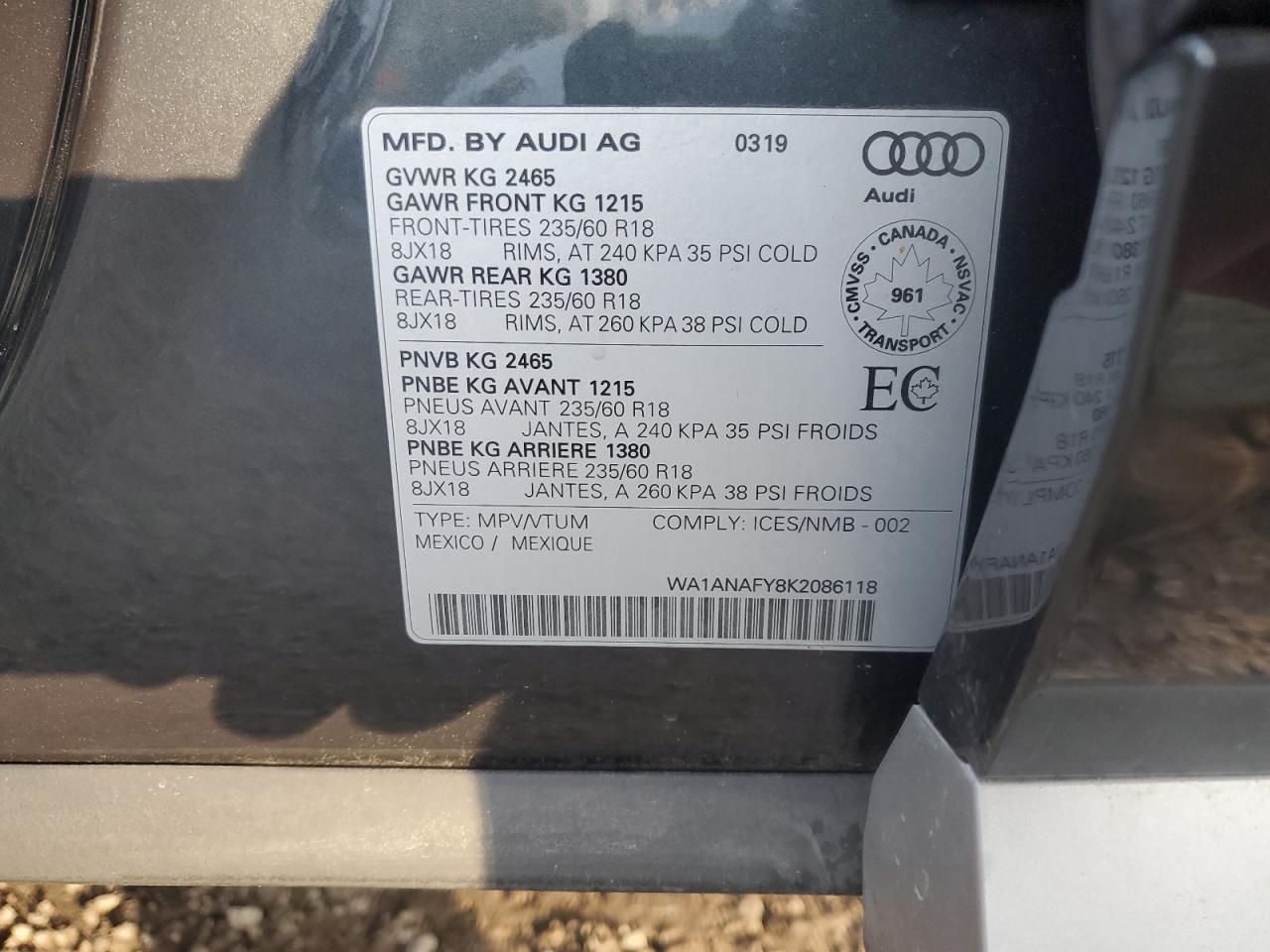 2019 Audi Q5 Premium VIN: WA1ANAFY8K2086118 Lot: 93100385