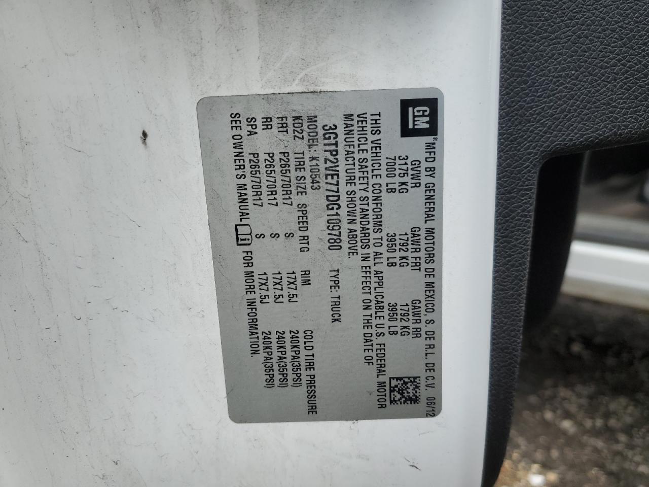 2013 GMC Sierra K1500 Sle VIN: 3GTP2VE77DG109780 Lot: 92530555