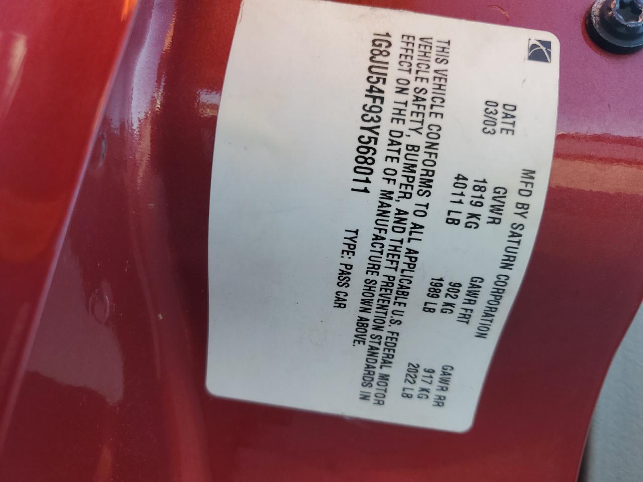 2003 Saturn L200 VIN: 1G8JU54F93Y568011 Lot: 91622985