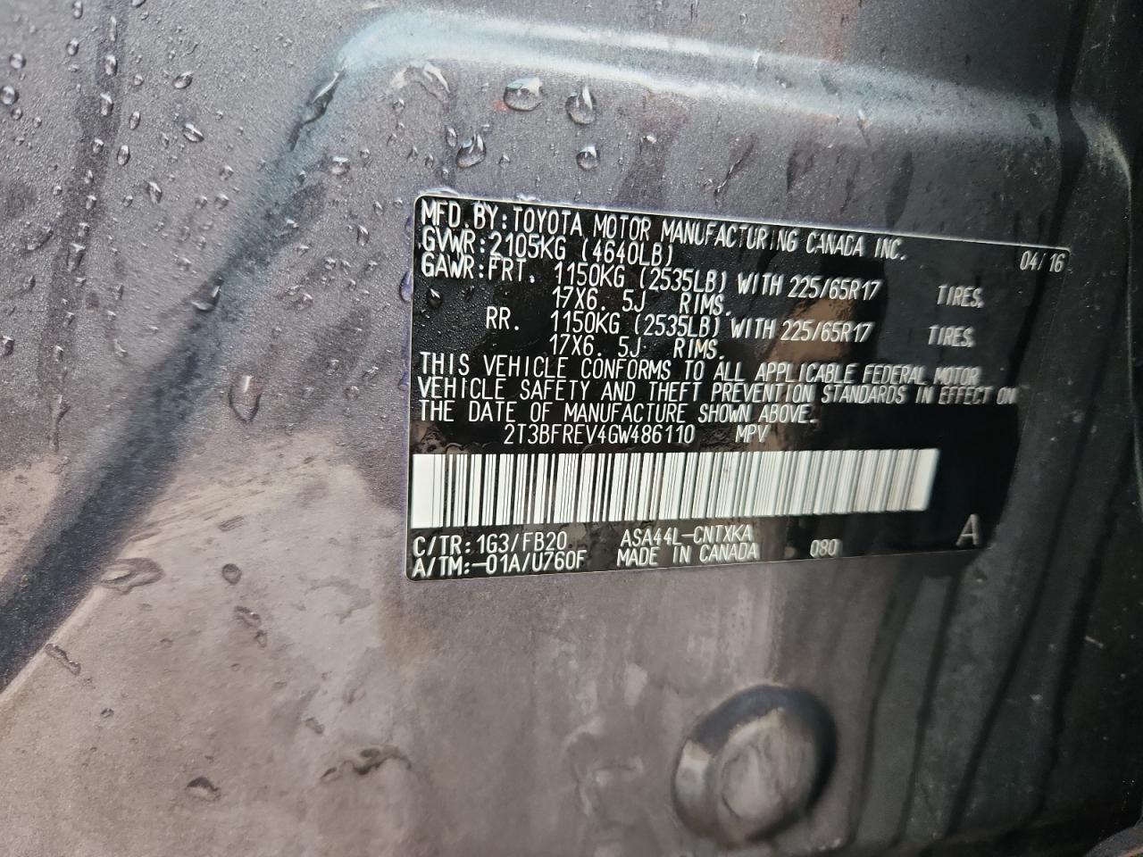 2016 Toyota Rav4 Le VIN: 2T3BFREV4GW486110 Lot: 92391915