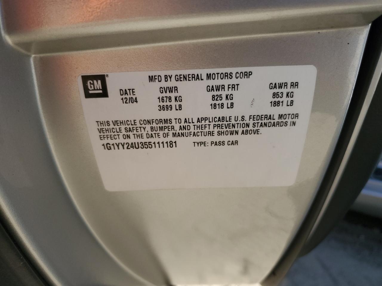 2005 Chevrolet Corvette VIN: 1G1YY24U355111181 Lot: 92802085