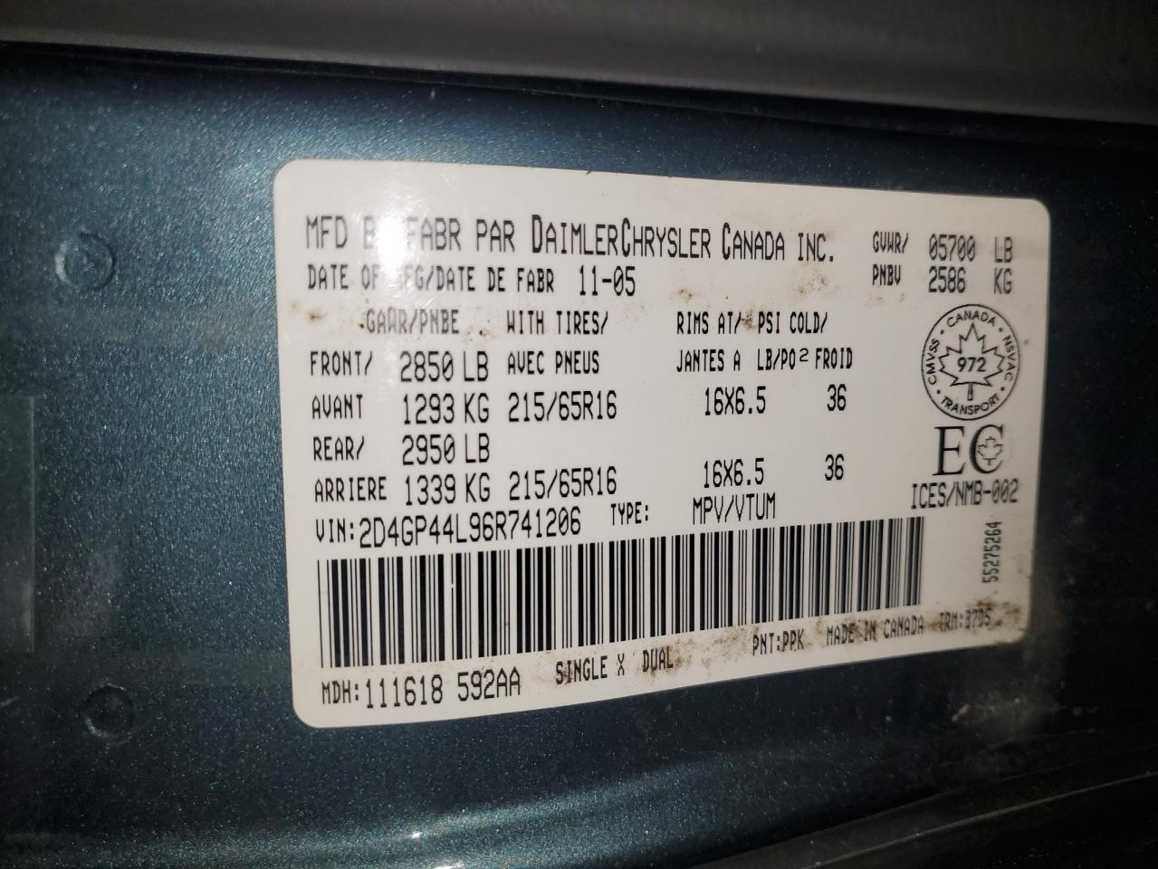 2006 Dodge Grand Caravan Sxt VIN: 2D4GP44L96R741206 Lot: 91912175