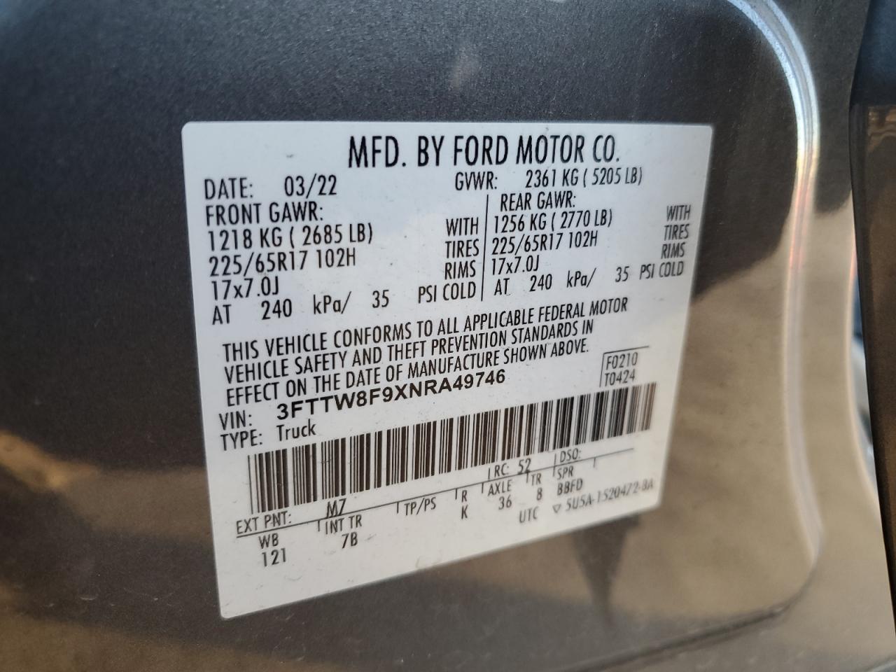 2022 Ford Maverick Xl VIN: 3FTTW8F9XNRA49746 Lot: 92843855