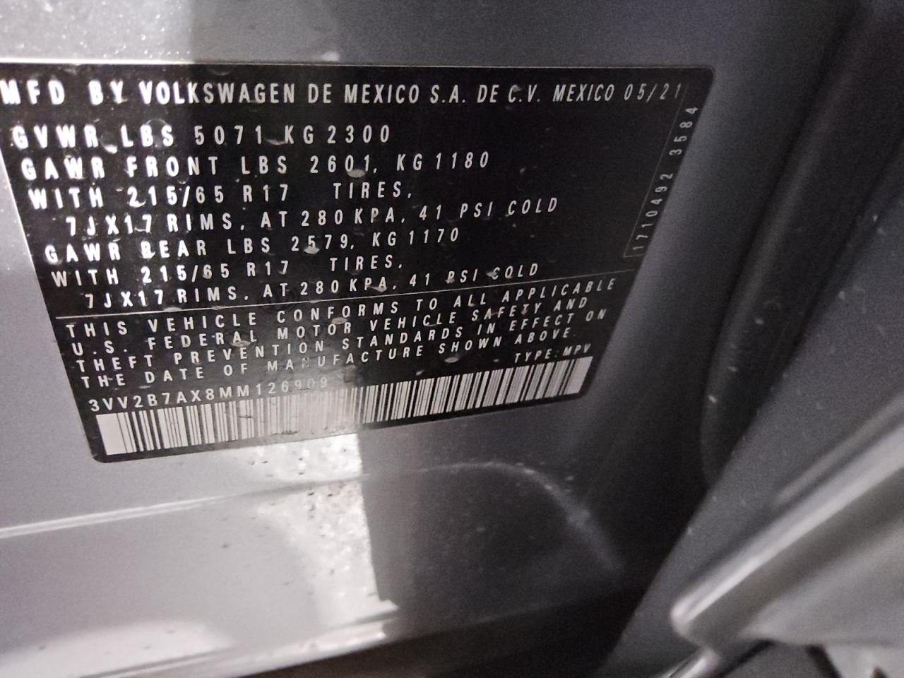 2021 Volkswagen Tiguan Se VIN: 3VV2B7AX8MM126909 Lot: 91025455