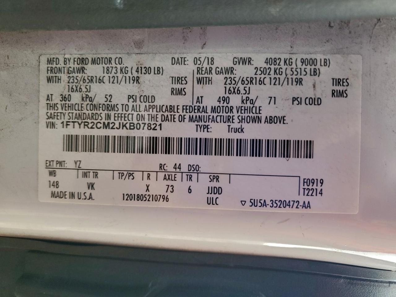 2018 Ford Transit Delivery Van VIN: 1FTYR2CM2JKB07821 Lot: 91610085