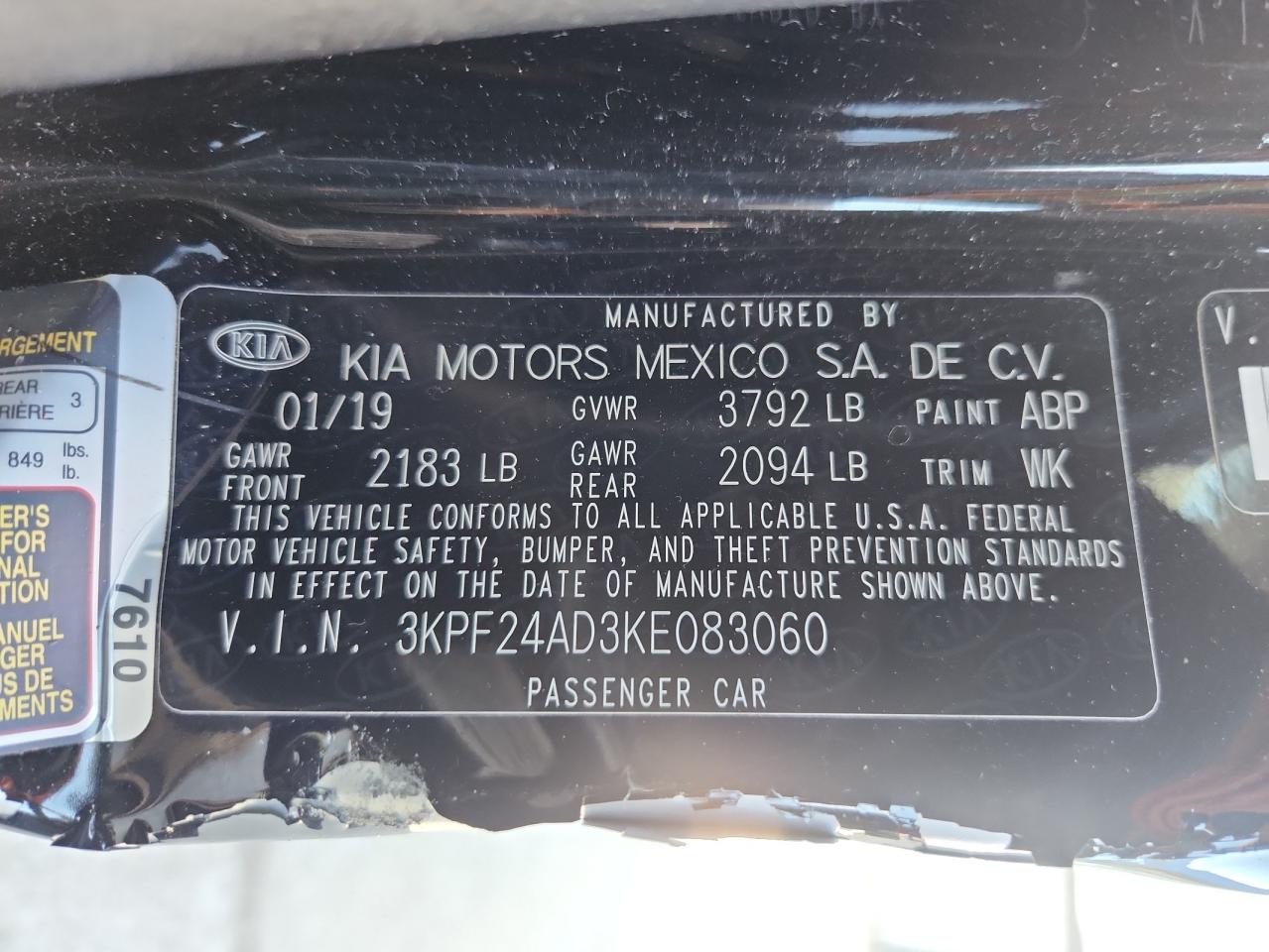 2019 Kia Forte Fe VIN: 3KPF24AD3KE083060 Lot: 93025115