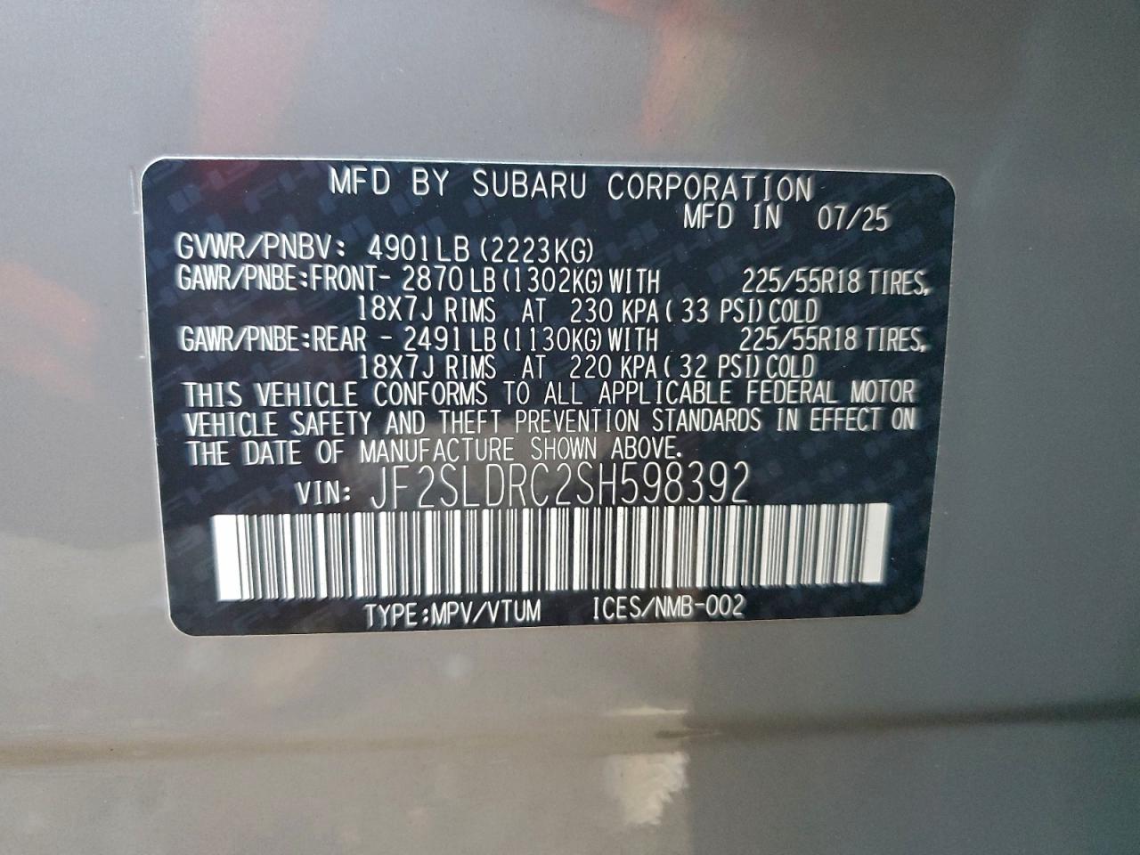 2025 Subaru Forester Limited VIN: JF2SLDRC2SH598392 Lot: 94465565