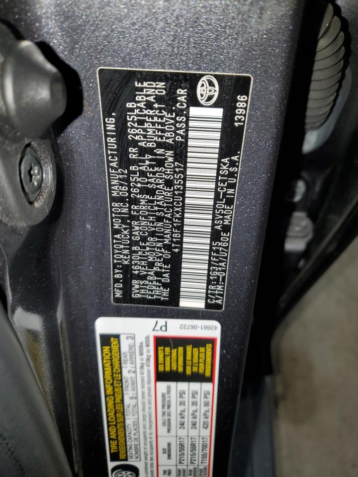 2012 Toyota Camry Base VIN: 4T1BF1FKXCU135517 Lot: 90598595