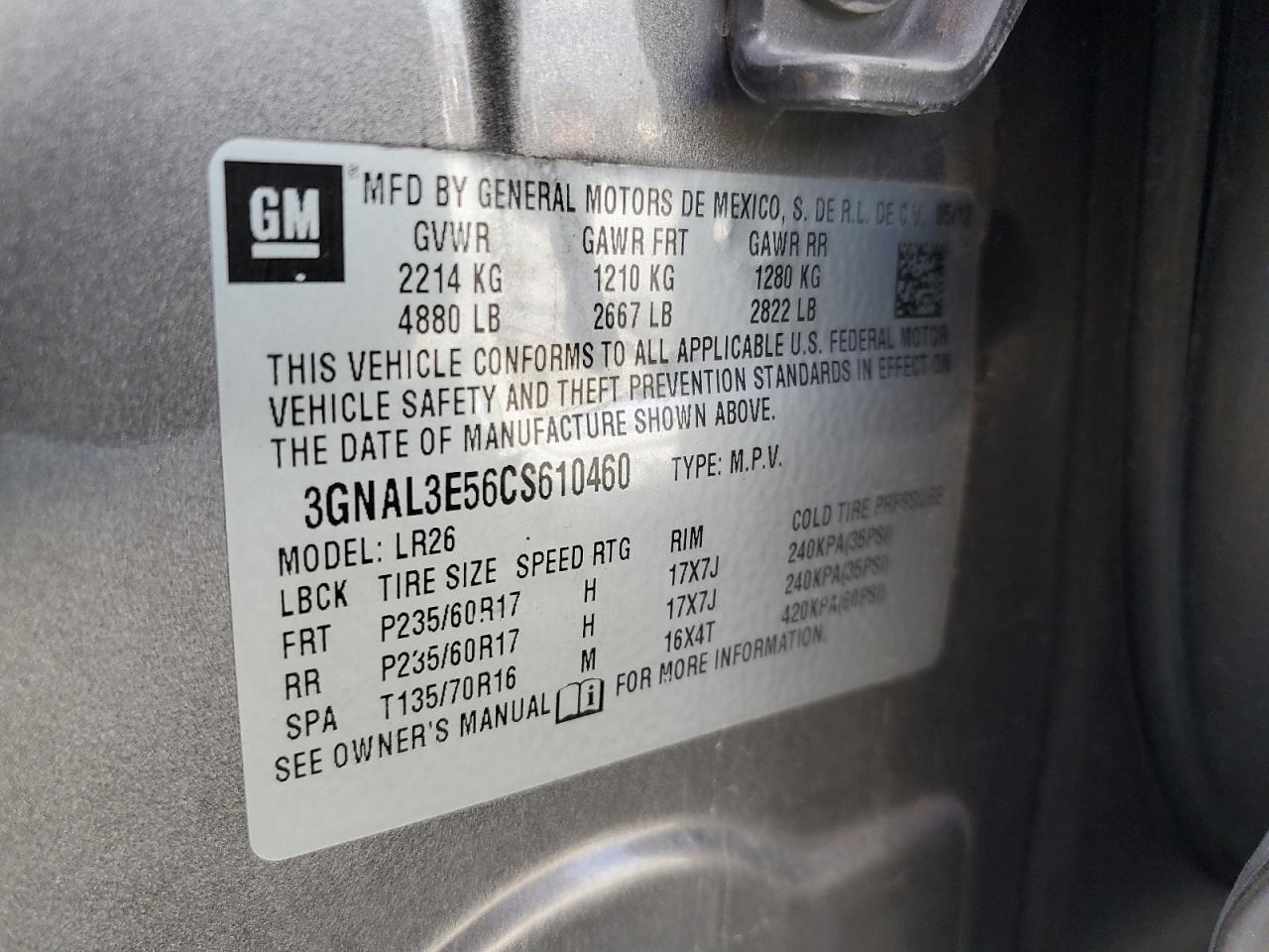 2012 Chevrolet Captiva Sport VIN: 3GNAL3E56CS610460 Lot: 92805905