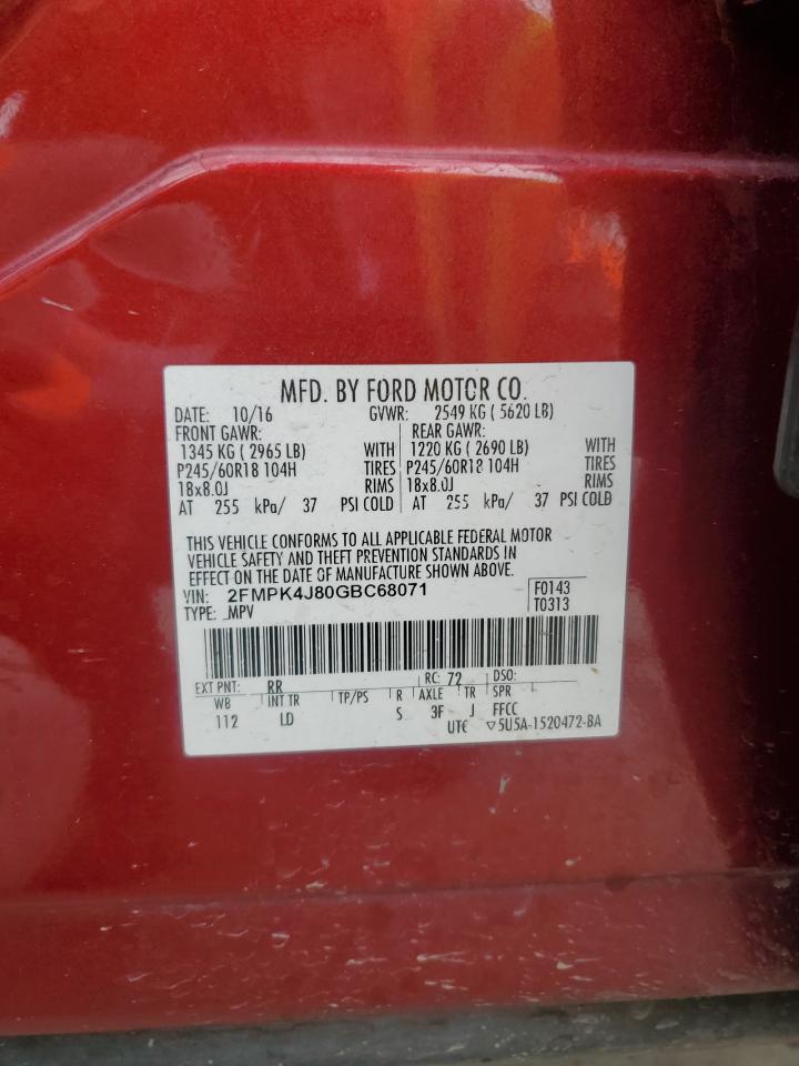 2016 Ford Edge Sel VIN: 2FMPK4J80GBC68071 Lot: 92014895