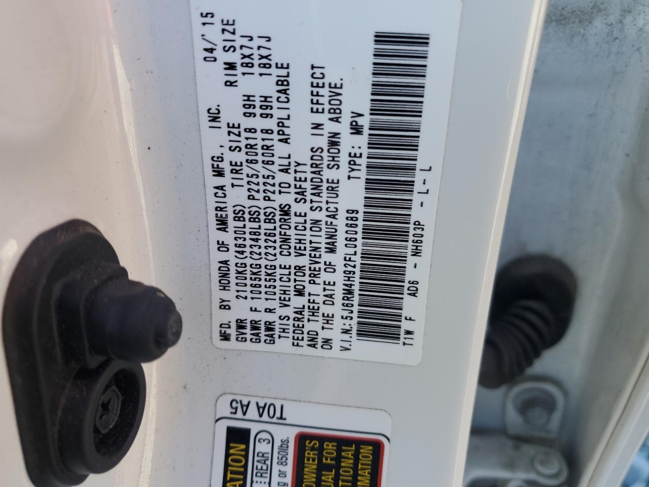 2015 Honda Cr-V Touring VIN: 5J6RM4H92FL060689 Lot: 92856885