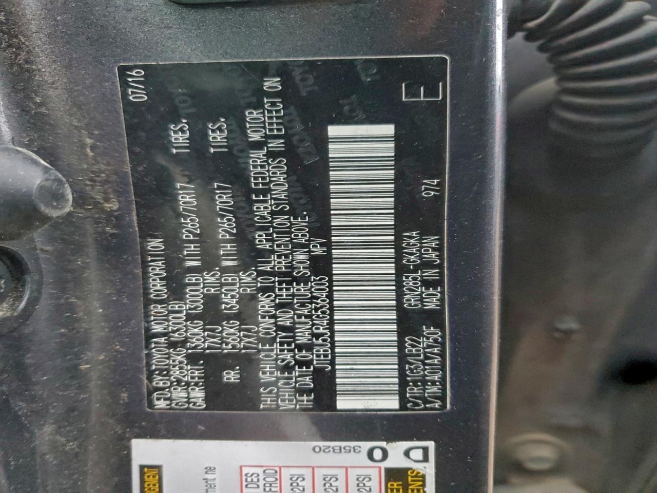 2016 Toyota 4Runner Sr5/Sr5 Premium VIN: JTEBU5JR4G5364003 Lot: 94360295