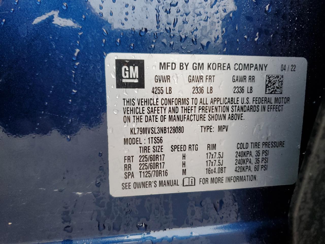 2022 Chevrolet Trailblazer Activ VIN: KL79MVSL3NB128080 Lot: 93694125