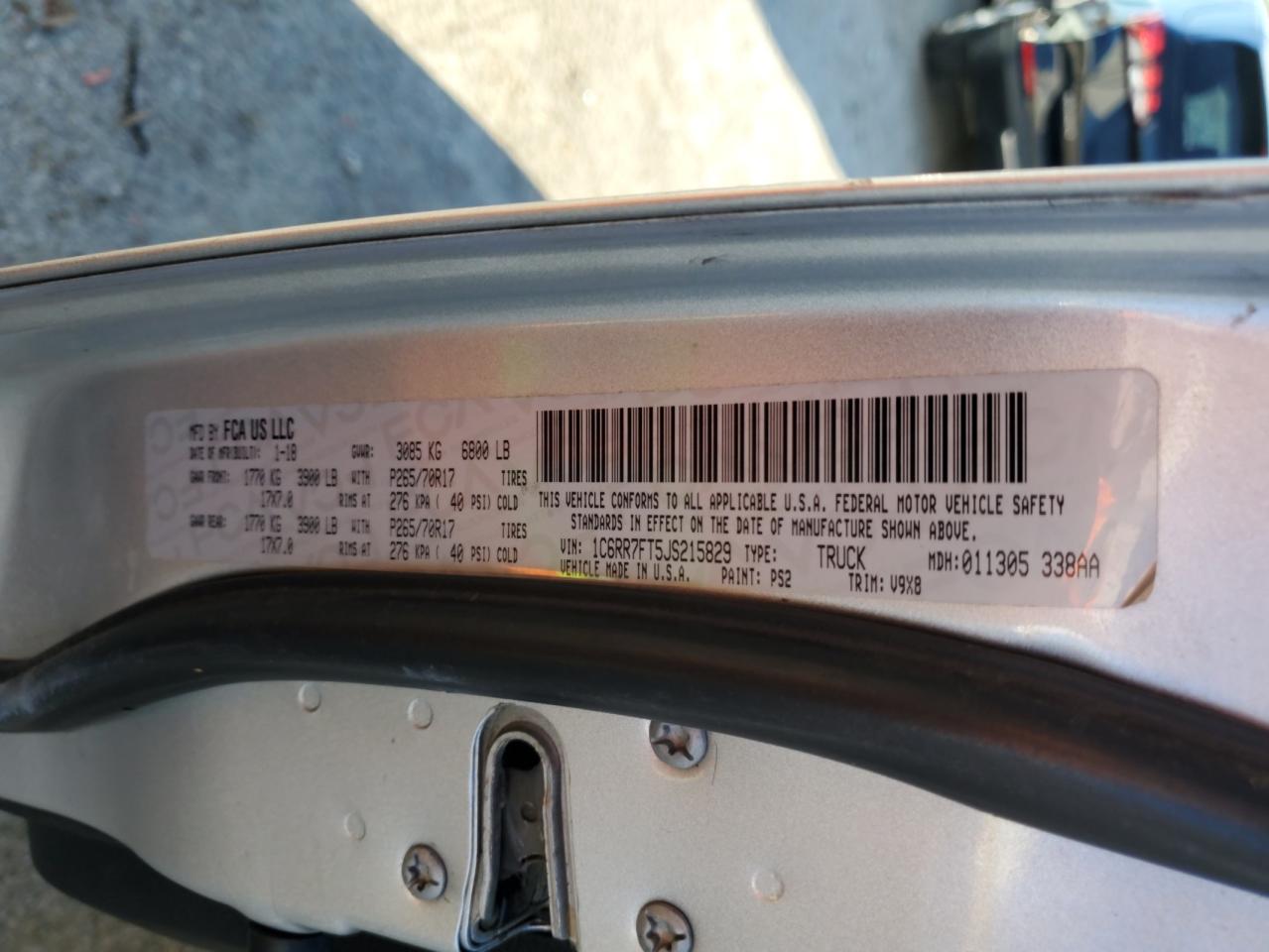 2018 Ram 1500 St VIN: 1C6RR7FT5JS215829 Lot: 91122005