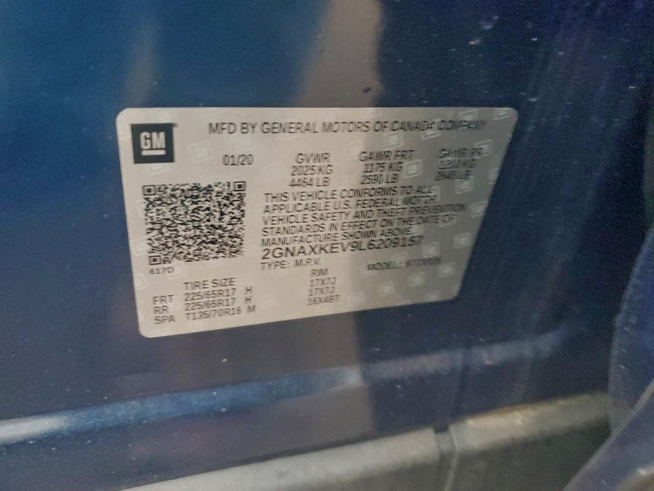 2020 Chevrolet Equinox Lt VIN: 2GNAXKEV9L6209157 Lot: 94509145