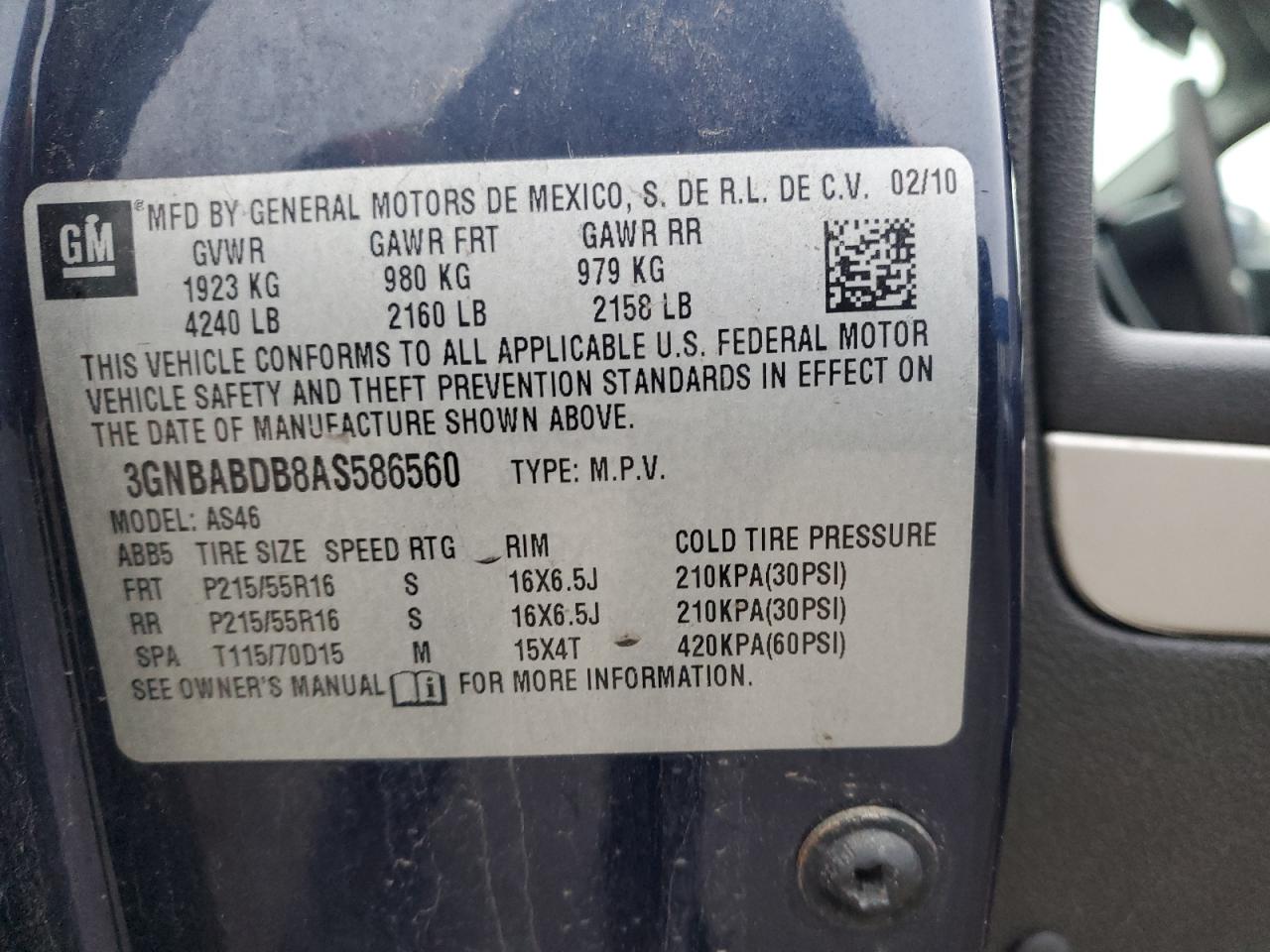 2010 Chevrolet Hhr Lt VIN: 3GNBABDB8AS586560 Lot: 92982485