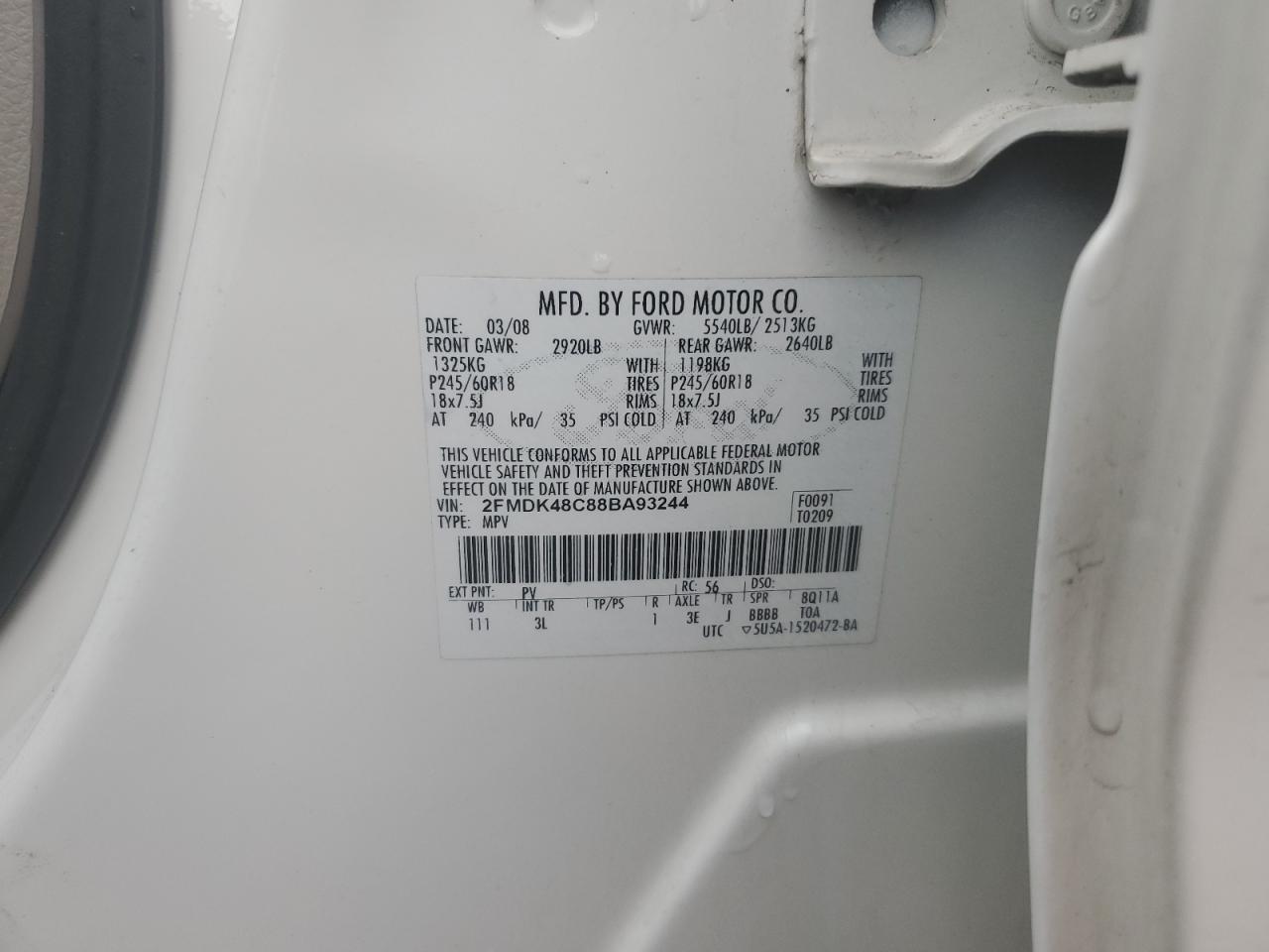 2008 Ford Edge Sel VIN: 2FMDK48C88BA93244 Lot: 92335345