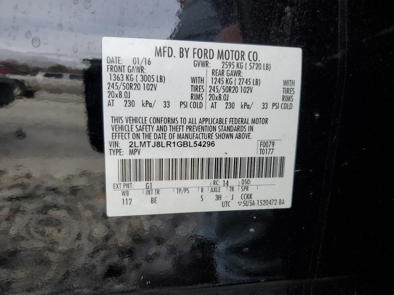 2016 Lincoln Mkx Reserve VIN: 2LMTJ8LR1GBL54296 Lot: 94459255