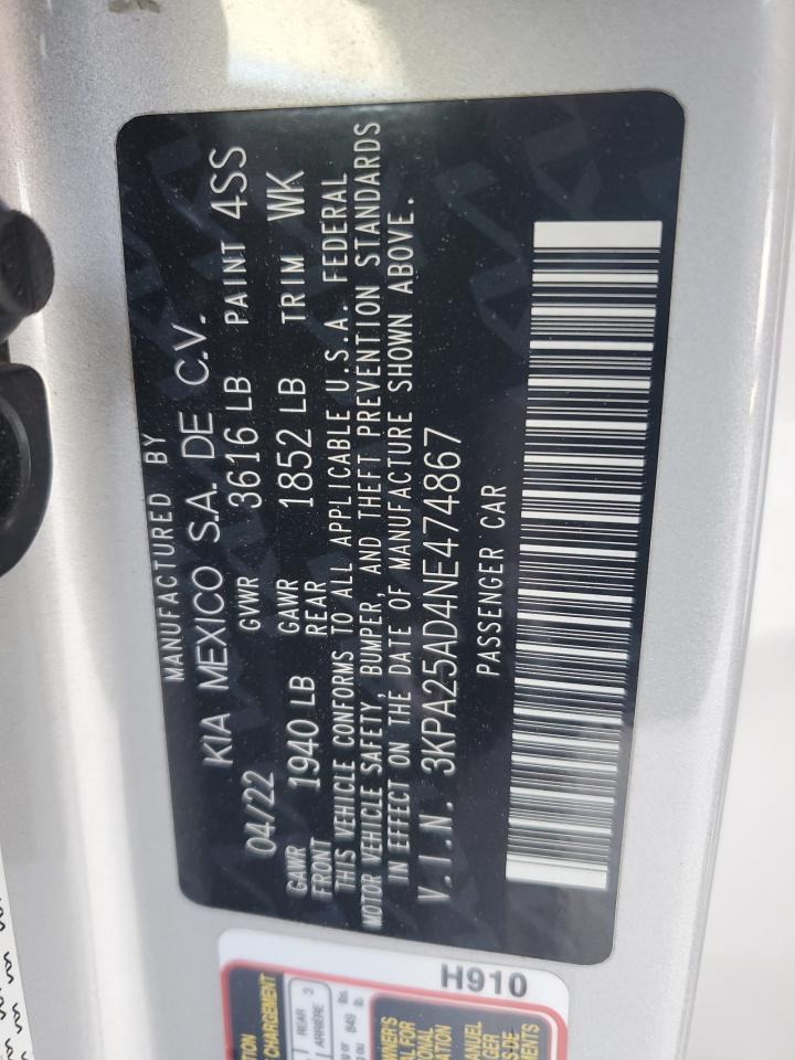 2022 Kia Rio S VIN: 3KPA25AD4NE474867 Lot: 92043405