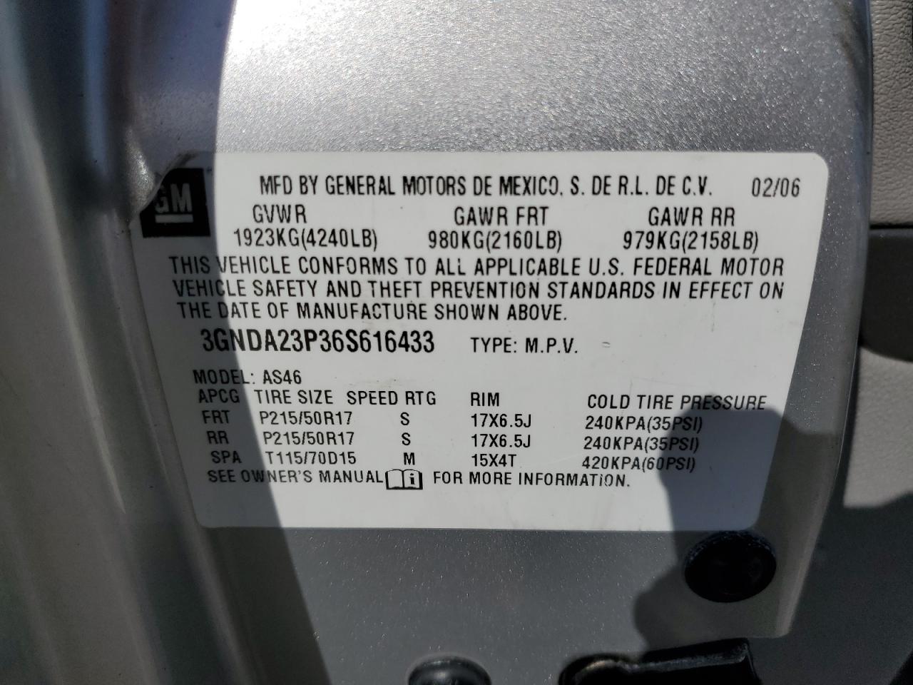 2006 Chevrolet Hhr Lt VIN: 3GNDA23P36S616433 Lot: 93394795