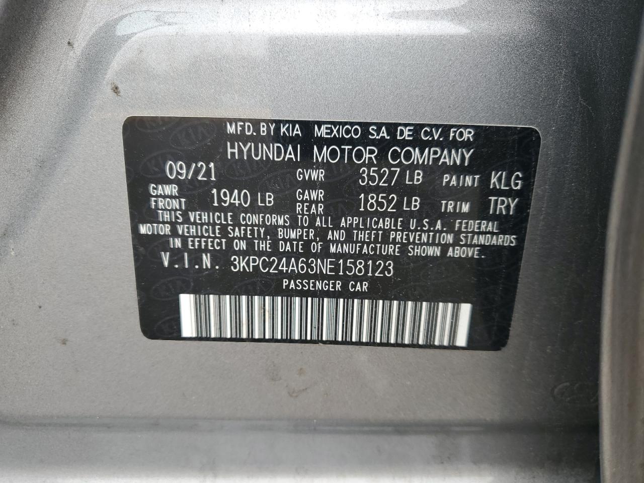 2022 Hyundai Accent Se VIN: 3KPC24A63NE158123 Lot: 93364265