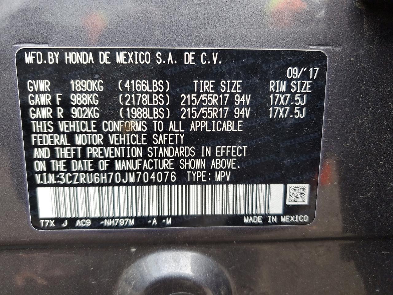 2018 Honda Hr-V Exl VIN: 3CZRU6H70JM704076 Lot: 93484085