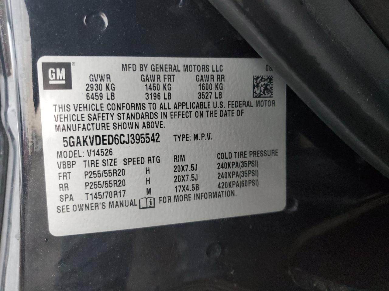 2012 Buick Enclave VIN: 5GAKVDED6CJ395542 Lot: 94424585