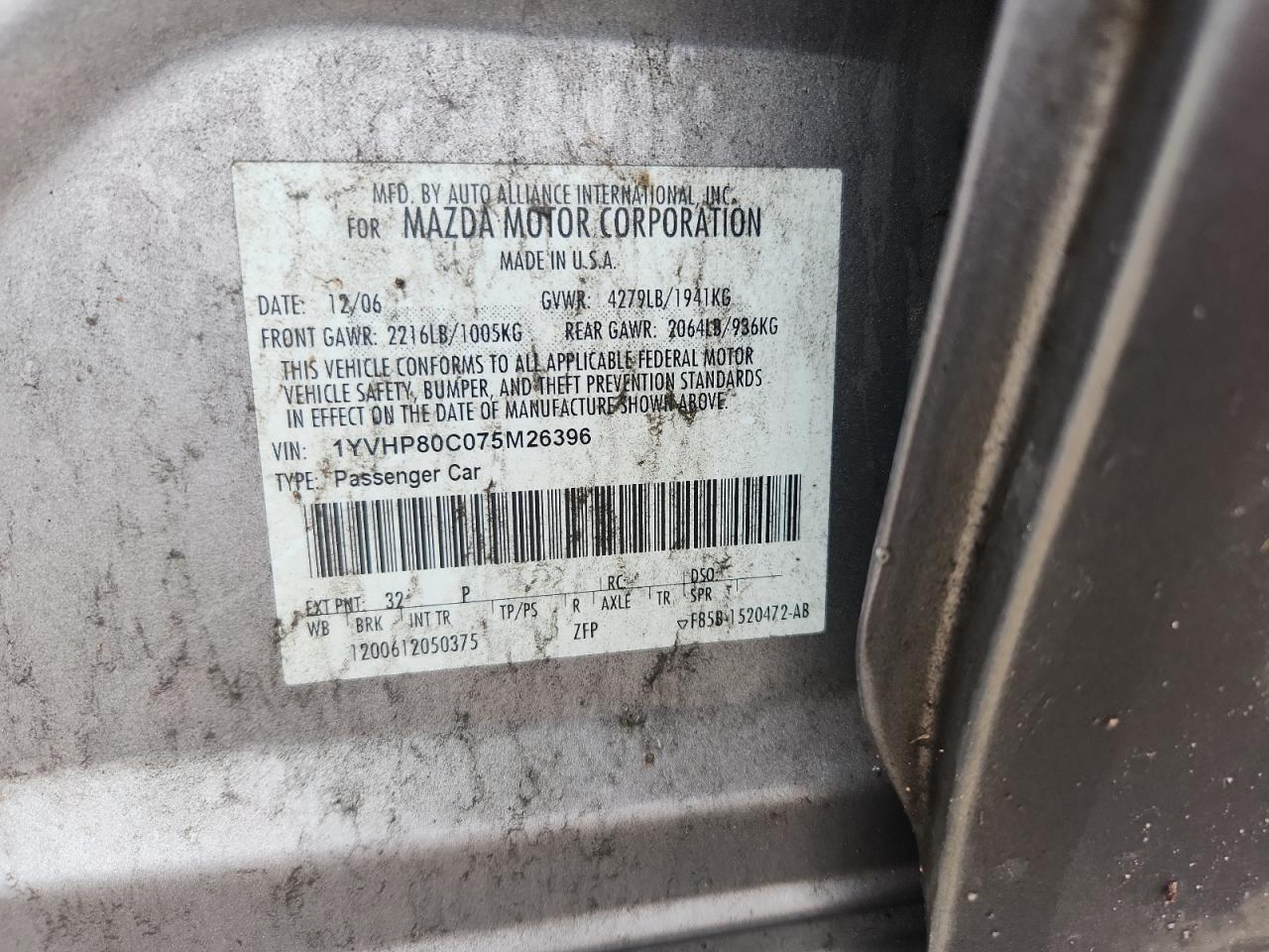 2007 Mazda 6 I VIN: 1YVHP80C075M26396 Lot: 94034435