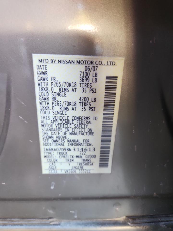 2008 Nissan Titan Xe VIN: 1N6BA07D98N314613 Lot: 90374855