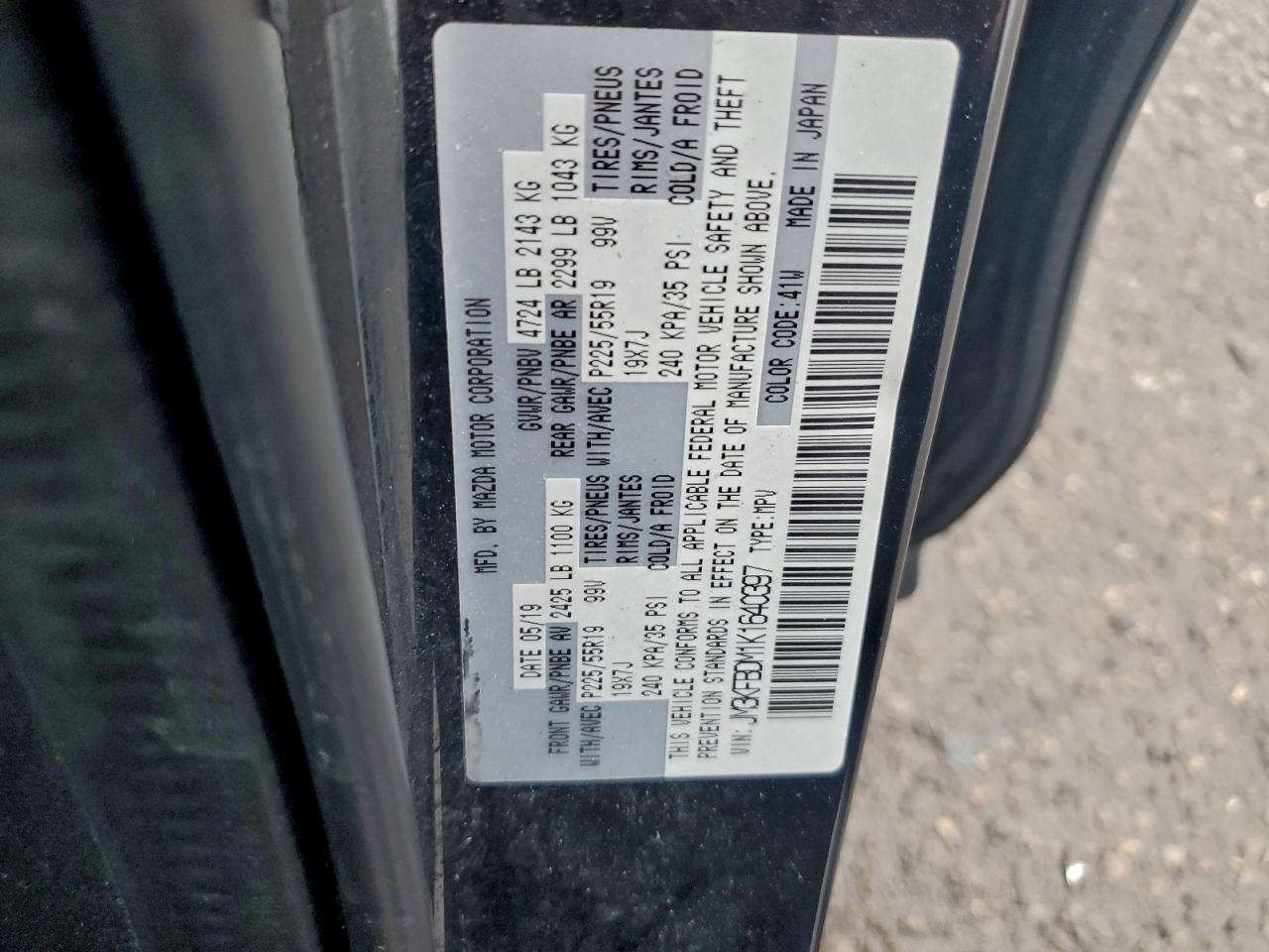 2019 Mazda Cx-5 Grand Touring VIN: JM3KFBDM1K1640397 Lot: 93213765