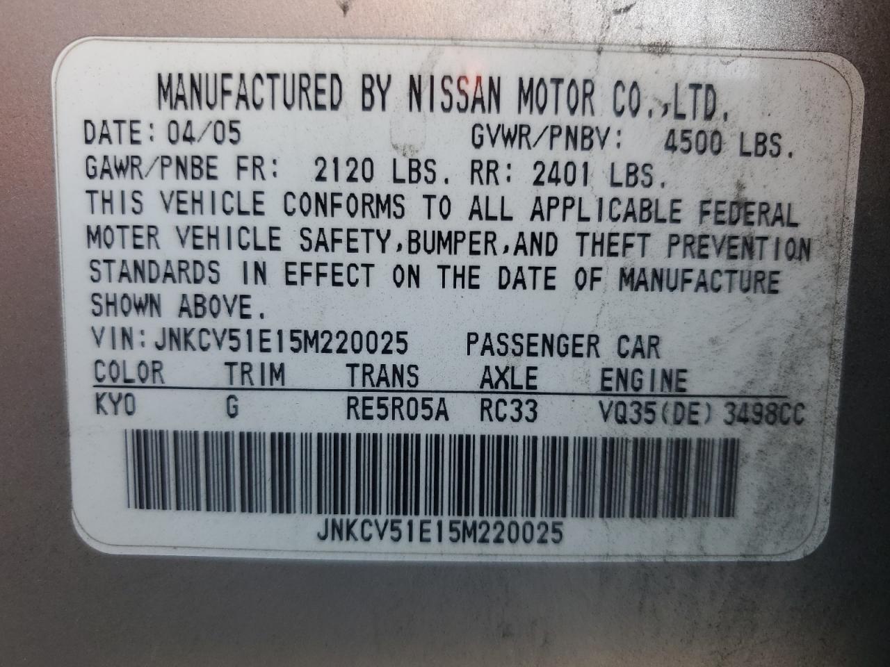 2005 Infiniti G35 VIN: JNKCV51E15M220025 Lot: 91258515