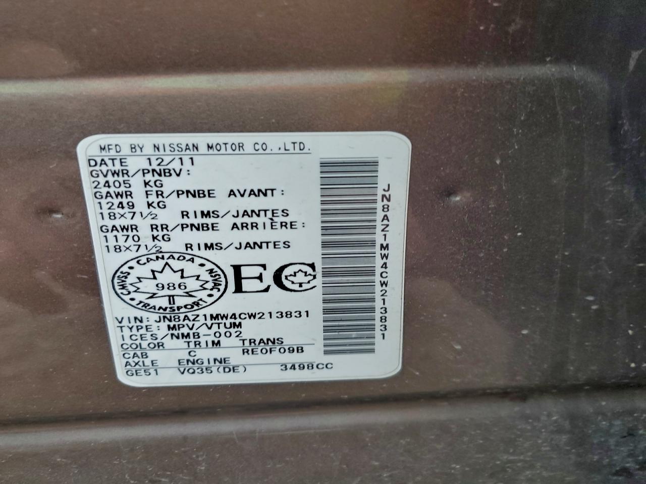 2012 Nissan Murano S VIN: JN8AZ1MW4CW213831 Lot: 93951695