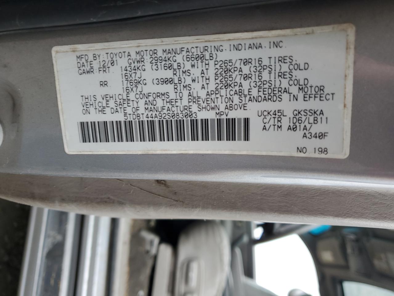 2002 Toyota Sequoia Sr5 VIN: 5TDBT44A92S083003 Lot: 91330395