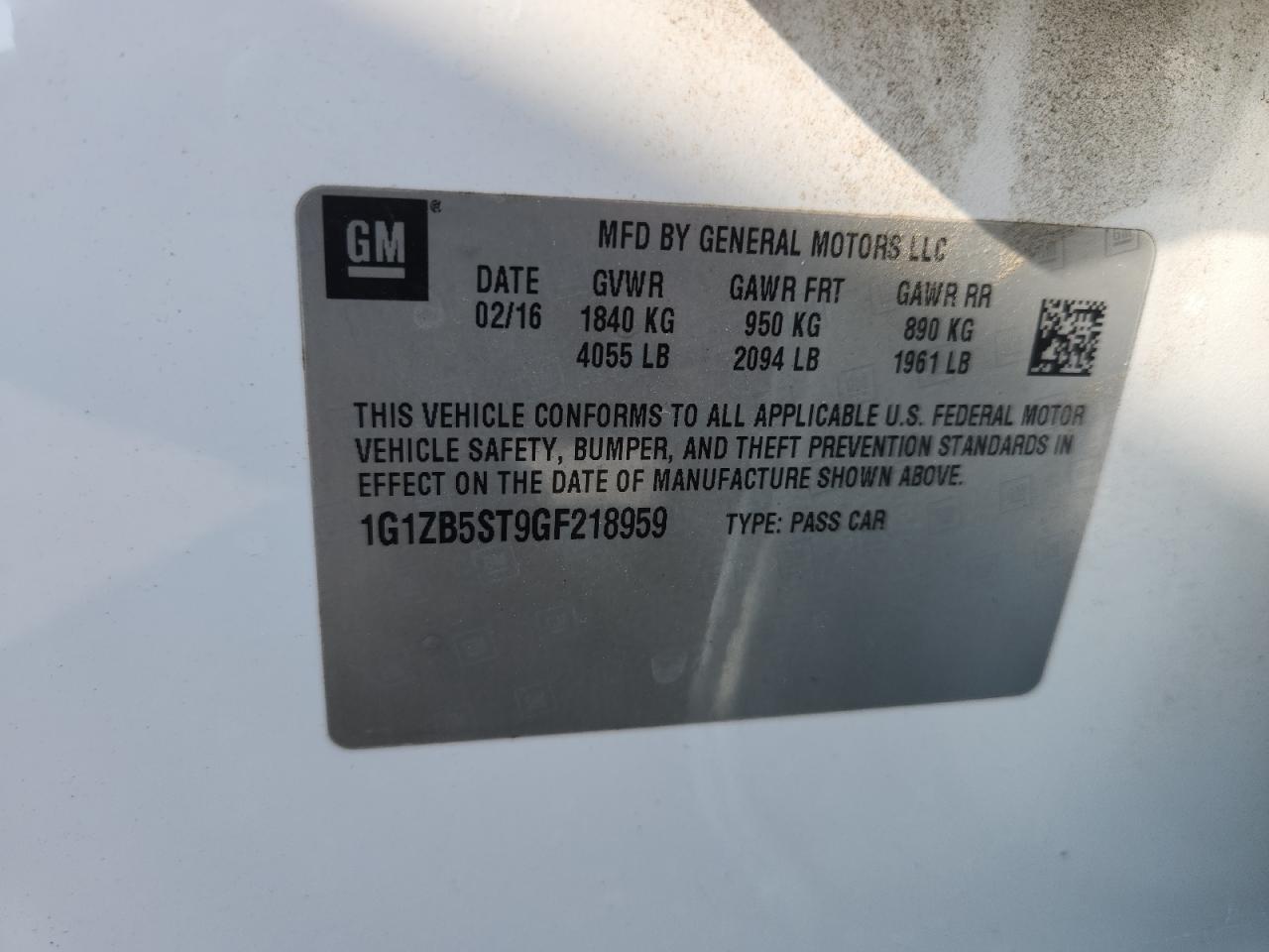 2016 Chevrolet Malibu Ls VIN: 1G1ZB5ST9GF218959 Lot: 93091715