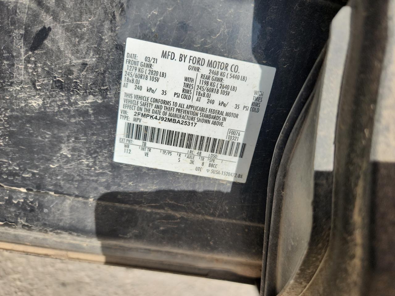 2021 Ford Edge Sel VIN: 2FMPK4J92MBA25317 Lot: 91945595