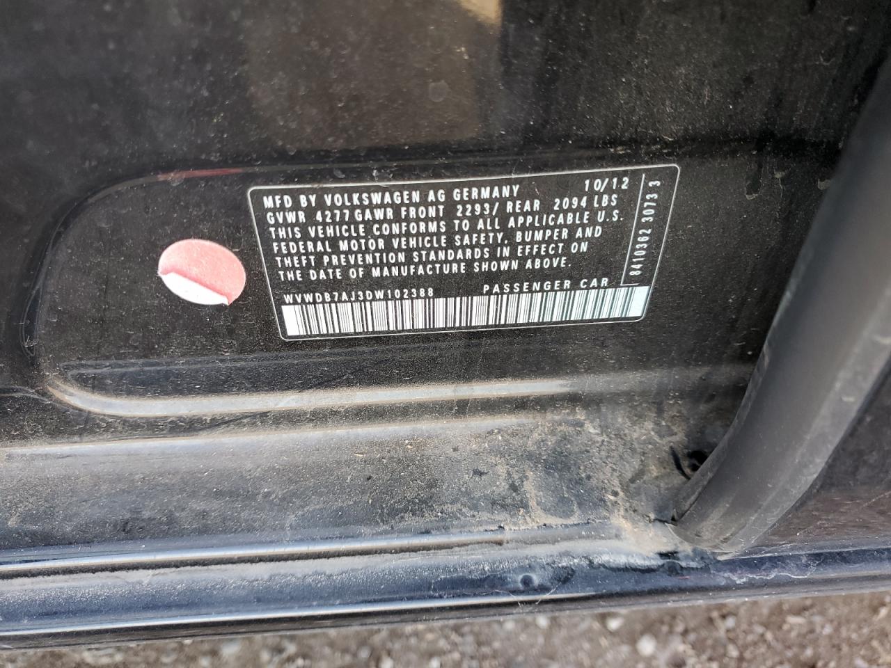 2013 Volkswagen Golf VIN: WVWDB7AJ3DW102388 Lot: 93032475