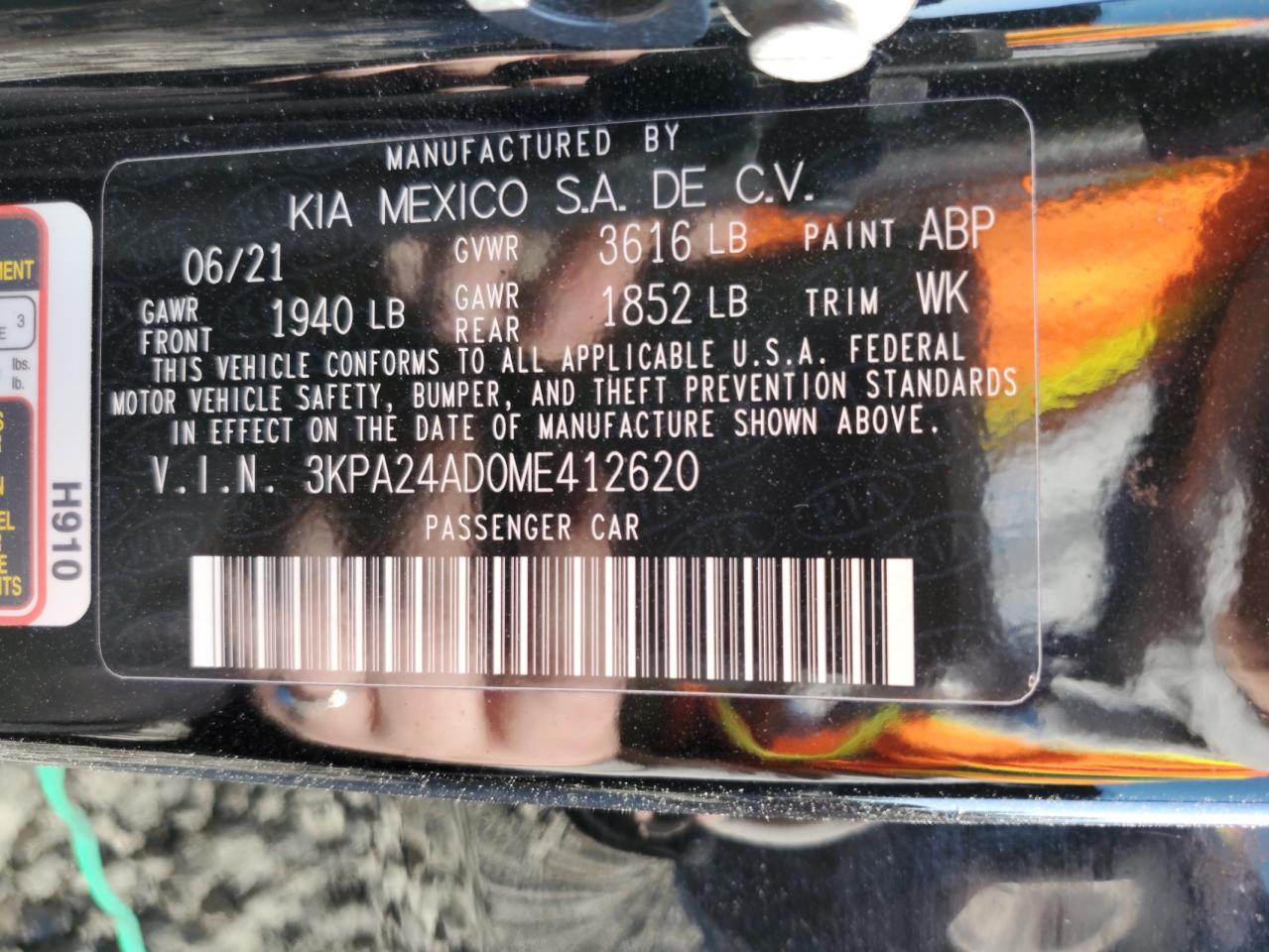 2021 Kia Rio Lx VIN: 3KPA24AD0ME412620 Lot: 92785275